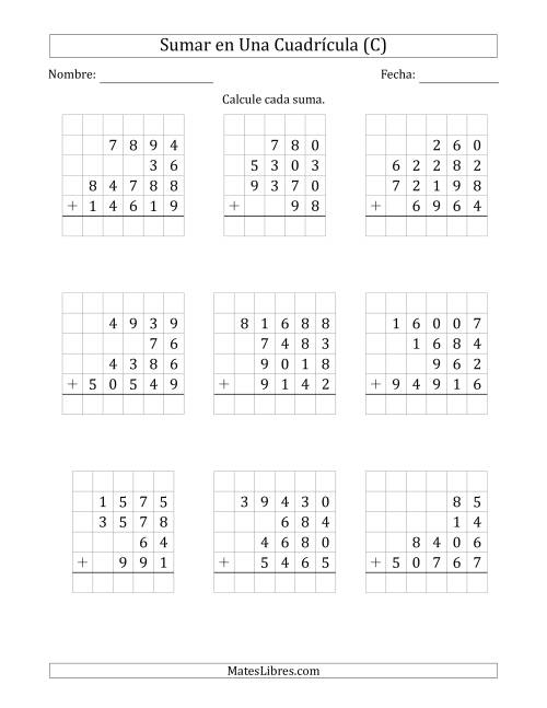 La hoja de ejercicios de Sumar Cuatro Números de Varios Dígitos en Una Cuadrícula (C)