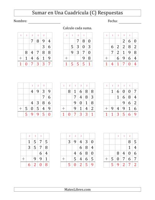 La hoja de ejercicios de Sumar Cuatro Números de Varios Dígitos en Una Cuadrícula (C) Página 2