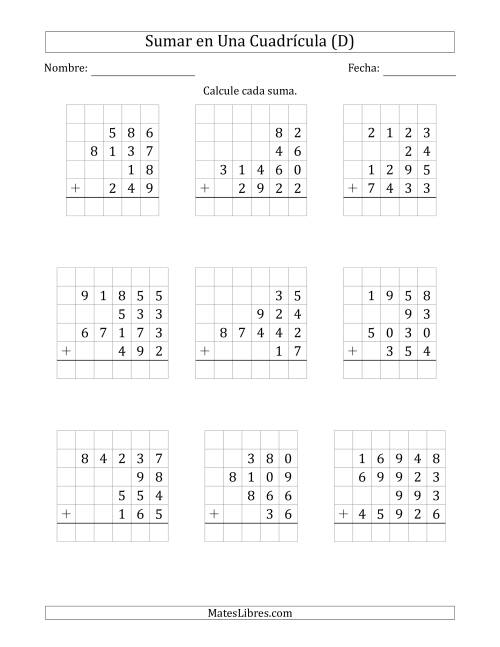 La hoja de ejercicios de Sumar Cuatro Números de Varios Dígitos en Una Cuadrícula (D)