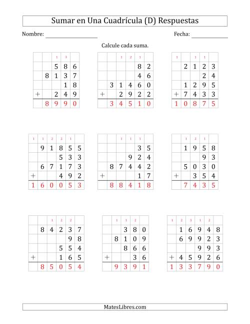 La hoja de ejercicios de Sumar Cuatro Números de Varios Dígitos en Una Cuadrícula (D) Página 2
