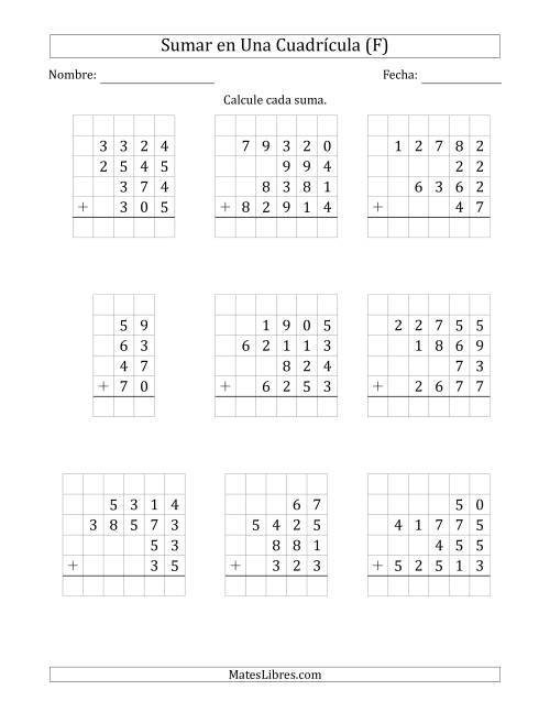 La hoja de ejercicios de Sumar Cuatro Números de Varios Dígitos en Una Cuadrícula (F)