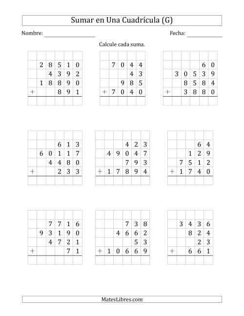La hoja de ejercicios de Sumar Cuatro Números de Varios Dígitos en Una Cuadrícula (G)