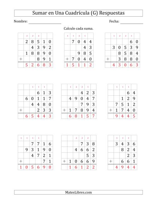 La hoja de ejercicios de Sumar Cuatro Números de Varios Dígitos en Una Cuadrícula (G) Página 2
