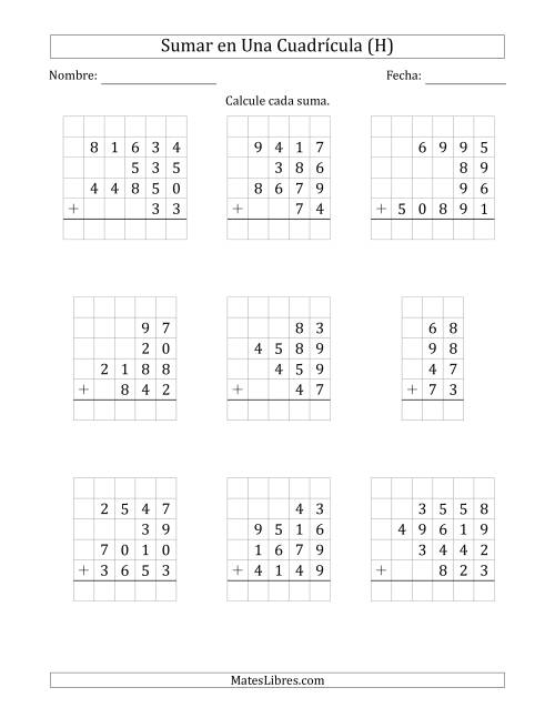La hoja de ejercicios de Sumar Cuatro Números de Varios Dígitos en Una Cuadrícula (H)