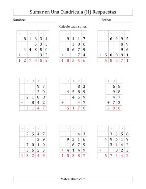 La hoja de ejercicios de Sumar Cuatro Números de Varios Dígitos en Una Cuadrícula (H) Página 2