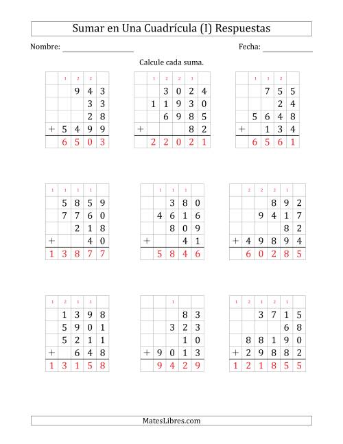 La hoja de ejercicios de Sumar Cuatro Números de Varios Dígitos en Una Cuadrícula (I) Página 2