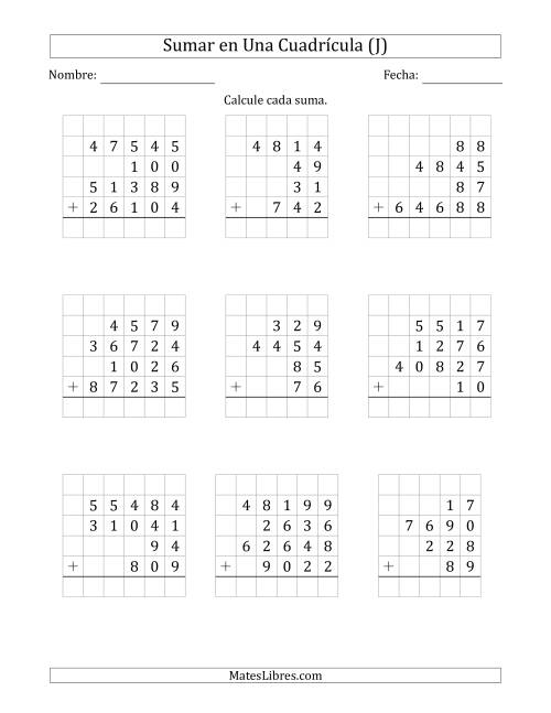 La hoja de ejercicios de Sumar Cuatro Números de Varios Dígitos en Una Cuadrícula (J)