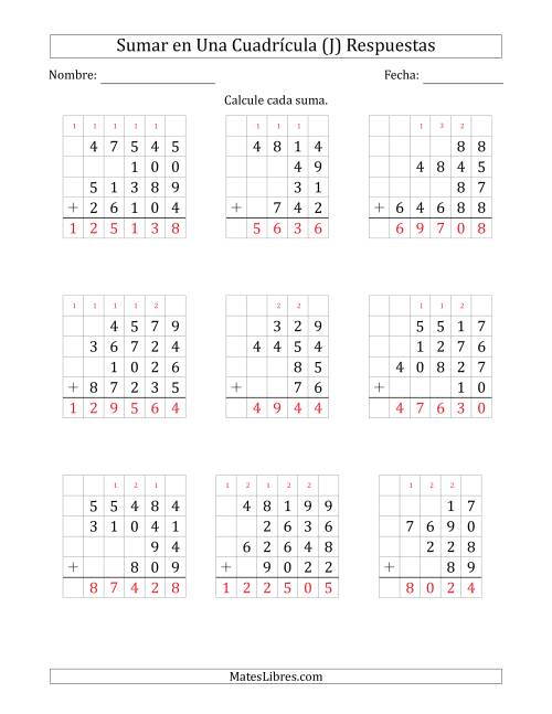 La hoja de ejercicios de Sumar Cuatro Números de Varios Dígitos en Una Cuadrícula (J) Página 2