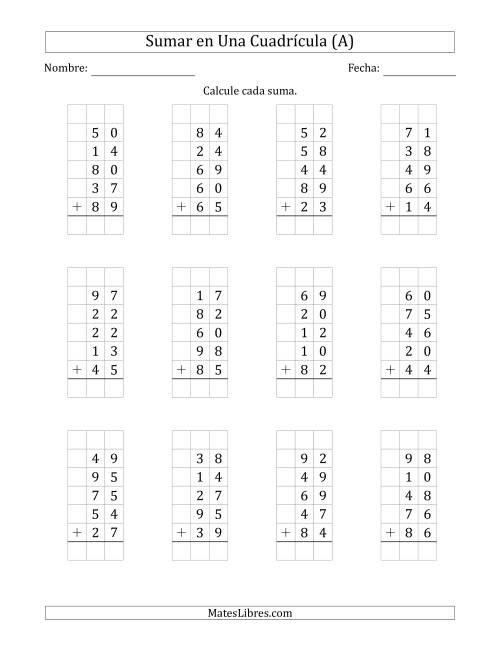 La hoja de ejercicios de Sumar Cinco Números de Dos Dígitos en Una Cuadrícula (A)