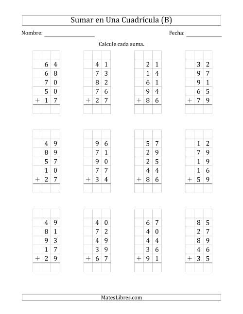 La hoja de ejercicios de Sumar Cinco Números de Dos Dígitos en Una Cuadrícula (B)