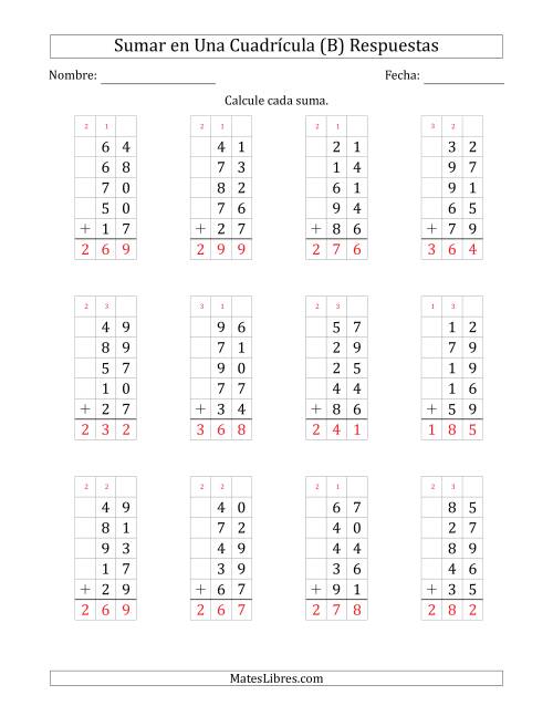 La hoja de ejercicios de Sumar Cinco Números de Dos Dígitos en Una Cuadrícula (B) Página 2