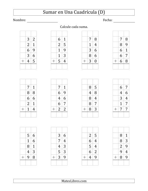 La hoja de ejercicios de Sumar Cinco Números de Dos Dígitos en Una Cuadrícula (D)