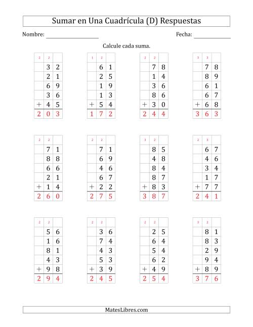 La hoja de ejercicios de Sumar Cinco Números de Dos Dígitos en Una Cuadrícula (D) Página 2