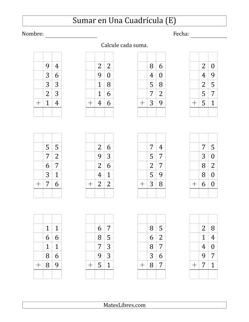 La hoja de ejercicios de Sumar Cinco Números de Dos Dígitos en Una Cuadrícula (E)