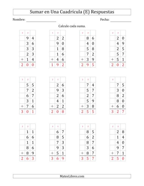 La hoja de ejercicios de Sumar Cinco Números de Dos Dígitos en Una Cuadrícula (E) Página 2