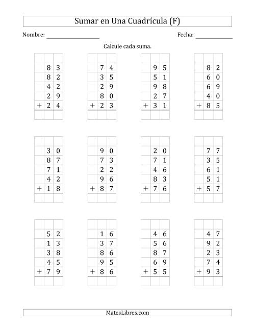 La hoja de ejercicios de Sumar Cinco Números de Dos Dígitos en Una Cuadrícula (F)