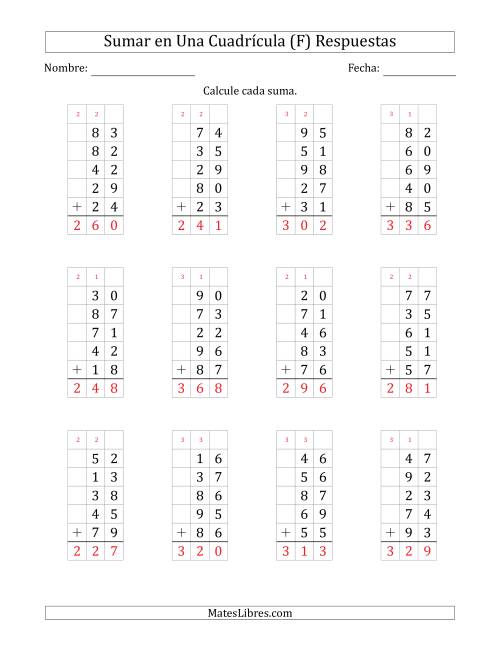 La hoja de ejercicios de Sumar Cinco Números de Dos Dígitos en Una Cuadrícula (F) Página 2