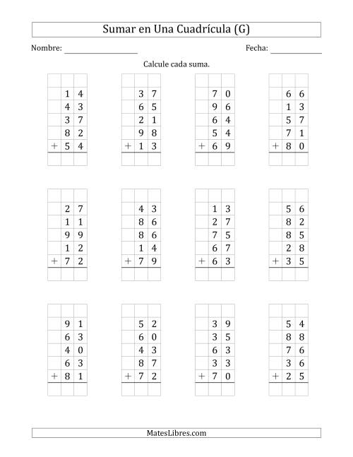 La hoja de ejercicios de Sumar Cinco Números de Dos Dígitos en Una Cuadrícula (G)