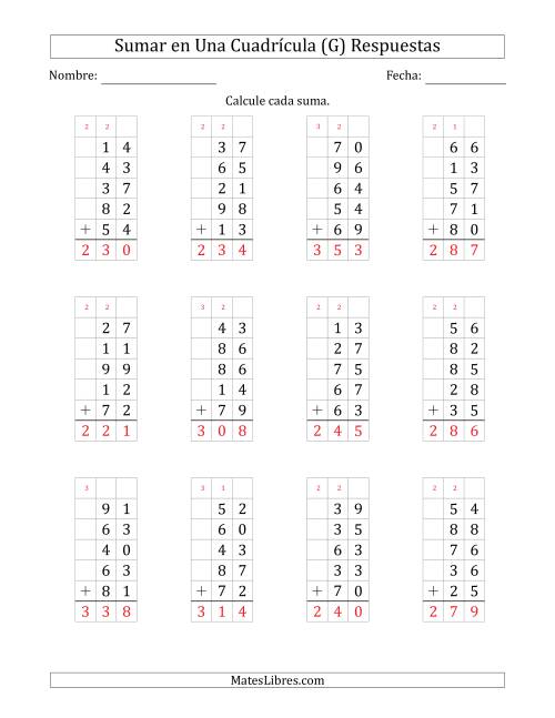 La hoja de ejercicios de Sumar Cinco Números de Dos Dígitos en Una Cuadrícula (G) Página 2