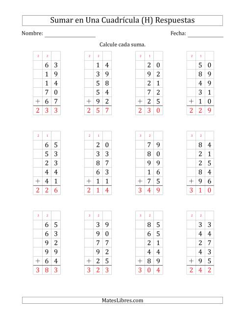 La hoja de ejercicios de Sumar Cinco Números de Dos Dígitos en Una Cuadrícula (H) Página 2