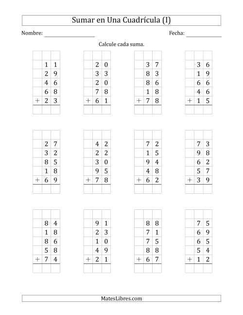 La hoja de ejercicios de Sumar Cinco Números de Dos Dígitos en Una Cuadrícula (I)