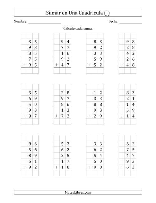 La hoja de ejercicios de Sumar Cinco Números de Dos Dígitos en Una Cuadrícula (J)