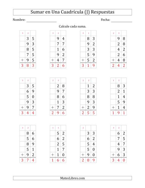 La hoja de ejercicios de Sumar Cinco Números de Dos Dígitos en Una Cuadrícula (J) Página 2