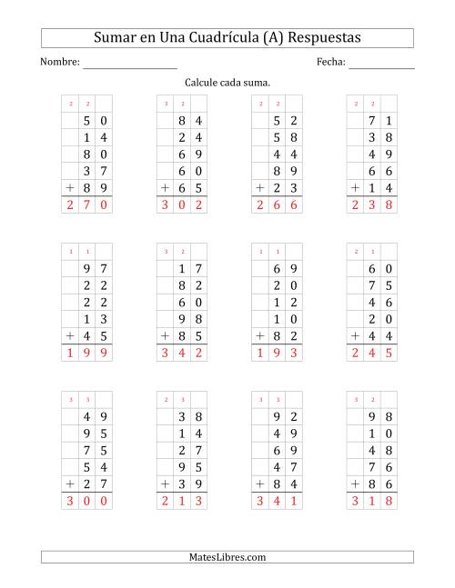 La hoja de ejercicios de Sumar Cinco Números de Dos Dígitos en Una Cuadrícula (Todas) Página 2