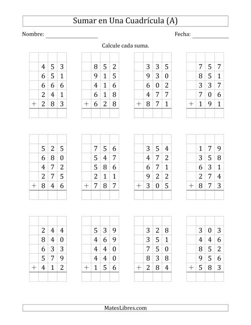 La hoja de ejercicios de Sumar Cinco Números de Tres Dígitos en Una Cuadrícula (A)