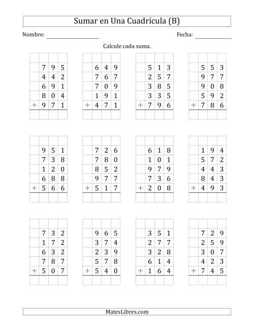 La hoja de ejercicios de Sumar Cinco Números de Tres Dígitos en Una Cuadrícula (B)