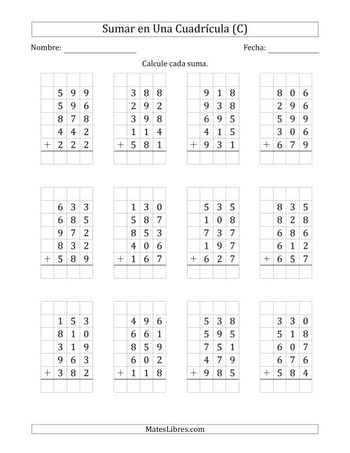 La hoja de ejercicios de Sumar Cinco Números de Tres Dígitos en Una Cuadrícula (C)