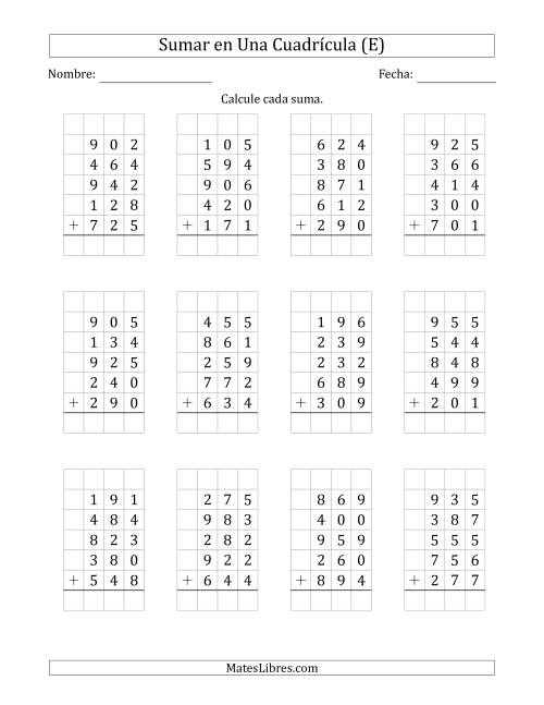 La hoja de ejercicios de Sumar Cinco Números de Tres Dígitos en Una Cuadrícula (E)