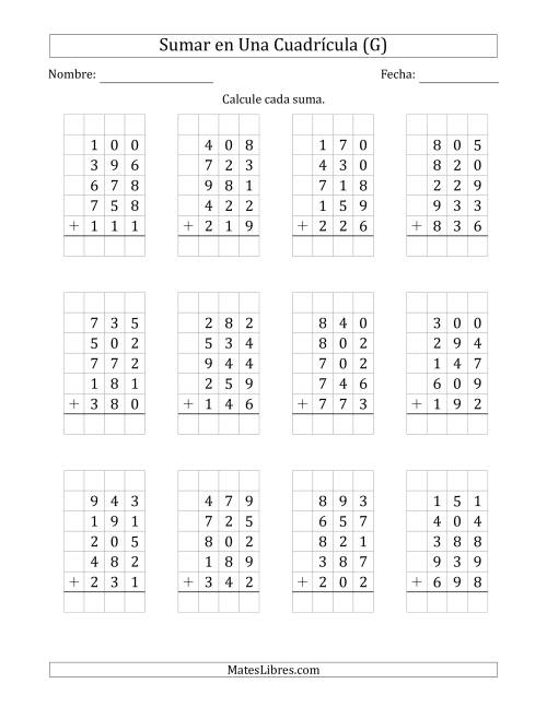 La hoja de ejercicios de Sumar Cinco Números de Tres Dígitos en Una Cuadrícula (G)