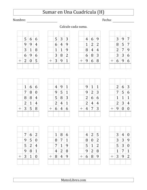 La hoja de ejercicios de Sumar Cinco Números de Tres Dígitos en Una Cuadrícula (H)