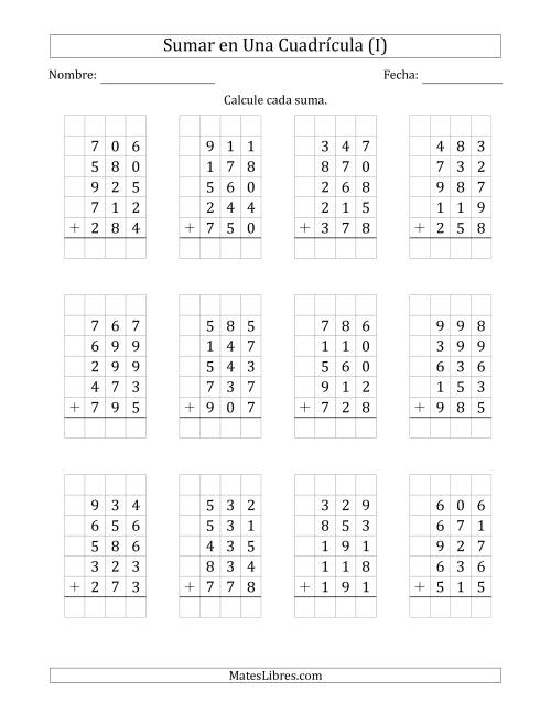 La hoja de ejercicios de Sumar Cinco Números de Tres Dígitos en Una Cuadrícula (I)