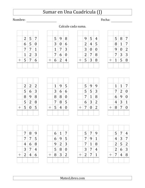 La hoja de ejercicios de Sumar Cinco Números de Tres Dígitos en Una Cuadrícula (J)