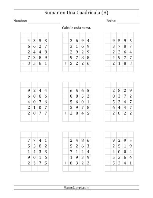La hoja de ejercicios de Sumar Cinco Números de Cuatro Dígitos en Una Cuadrícula (B)