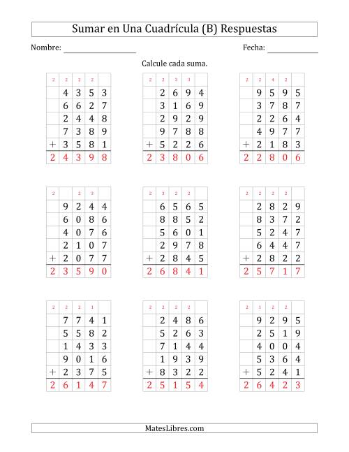 La hoja de ejercicios de Sumar Cinco Números de Cuatro Dígitos en Una Cuadrícula (B) Página 2