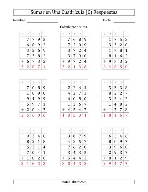 La hoja de ejercicios de Sumar Cinco Números de Cuatro Dígitos en Una Cuadrícula (C) Página 2