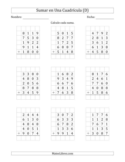 La hoja de ejercicios de Sumar Cinco Números de Cuatro Dígitos en Una Cuadrícula (D)