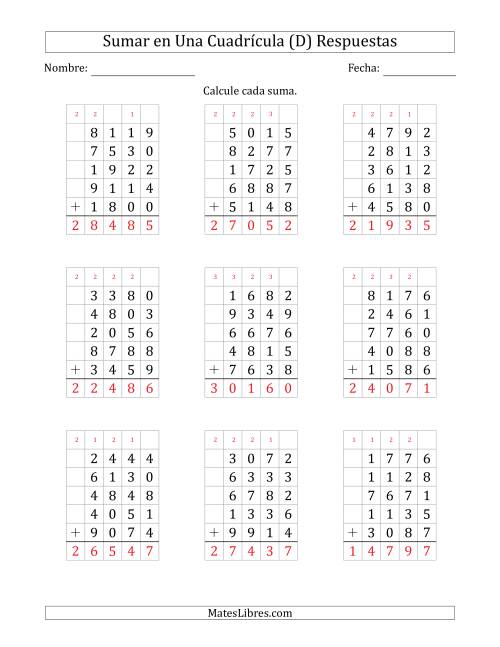 La hoja de ejercicios de Sumar Cinco Números de Cuatro Dígitos en Una Cuadrícula (D) Página 2