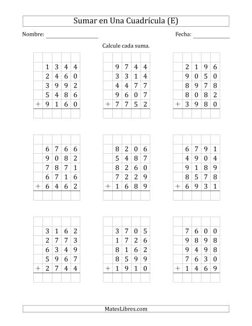 La hoja de ejercicios de Sumar Cinco Números de Cuatro Dígitos en Una Cuadrícula (E)