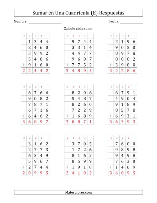 La hoja de ejercicios de Sumar Cinco Números de Cuatro Dígitos en Una Cuadrícula (E) Página 2