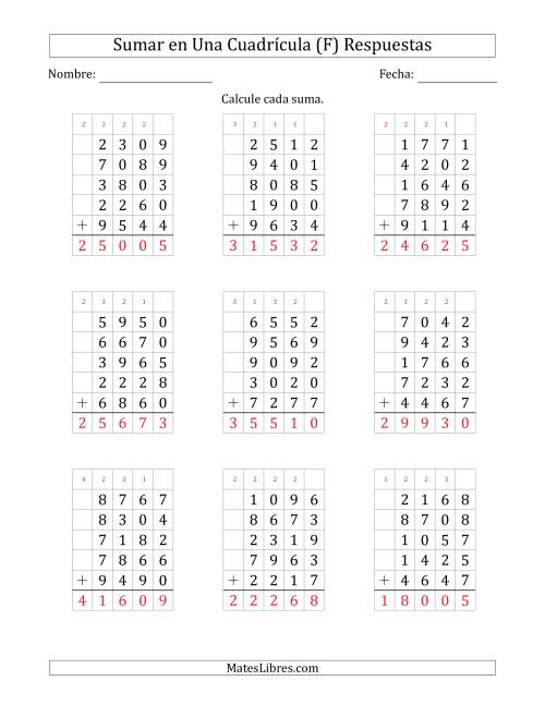 La hoja de ejercicios de Sumar Cinco Números de Cuatro Dígitos en Una Cuadrícula (F) Página 2