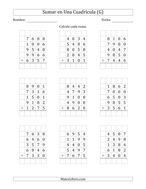 La hoja de ejercicios de Sumar Cinco Números de Cuatro Dígitos en Una Cuadrícula (G)