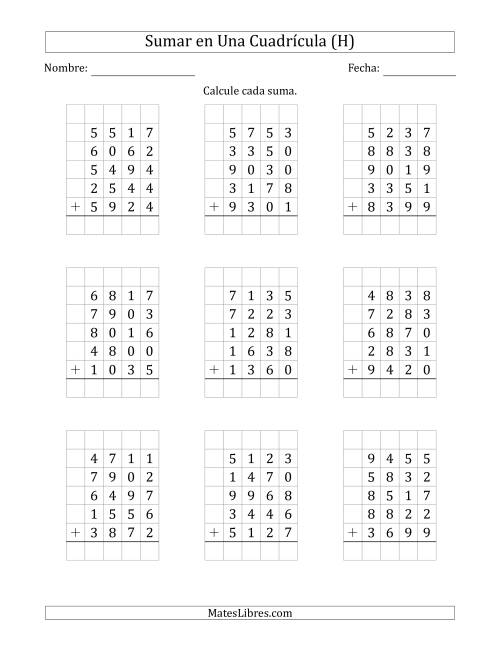 La hoja de ejercicios de Sumar Cinco Números de Cuatro Dígitos en Una Cuadrícula (H)