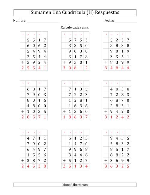 La hoja de ejercicios de Sumar Cinco Números de Cuatro Dígitos en Una Cuadrícula (H) Página 2