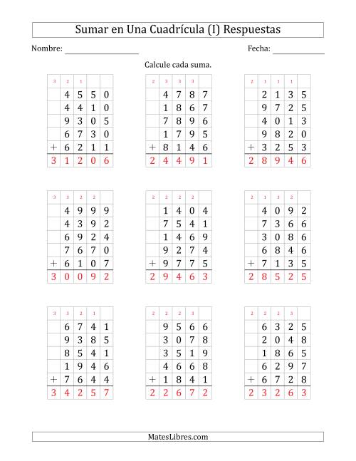 La hoja de ejercicios de Sumar Cinco Números de Cuatro Dígitos en Una Cuadrícula (I) Página 2