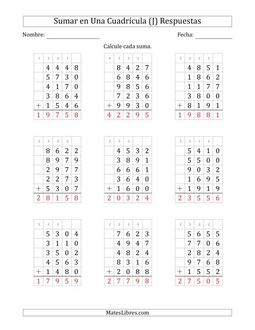 La hoja de ejercicios de Sumar Cinco Números de Cuatro Dígitos en Una Cuadrícula (J) Página 2