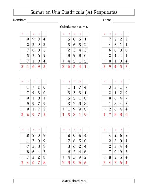 La hoja de ejercicios de Sumar Cinco Números de Cuatro Dígitos en Una Cuadrícula (Todas) Página 2